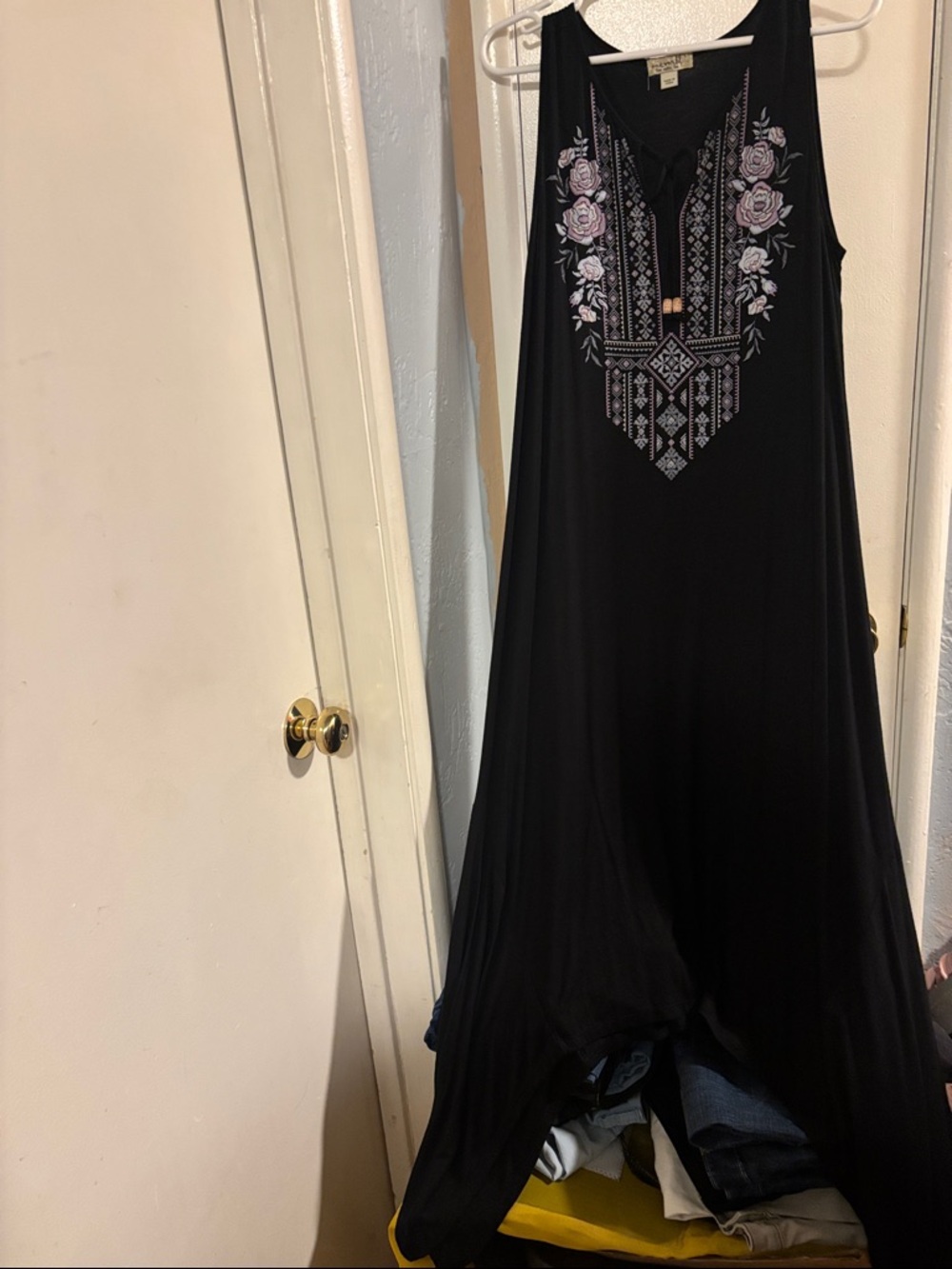 One World - live & let live -Black Tank Maxi Dress with Pink Floral Embroidery